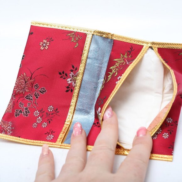 Satin Asian Design Tissue Wallet Chinese Red Pink Floral Embroidered - Picture 4 of 6
